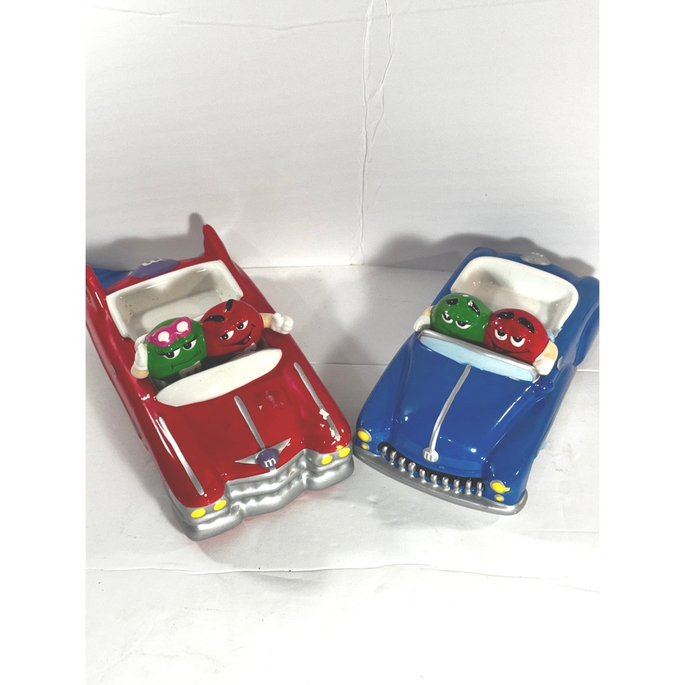 M&M's Collectible Ceramic Candy Dish Set Red and Blue Convertible Cars Vintage
